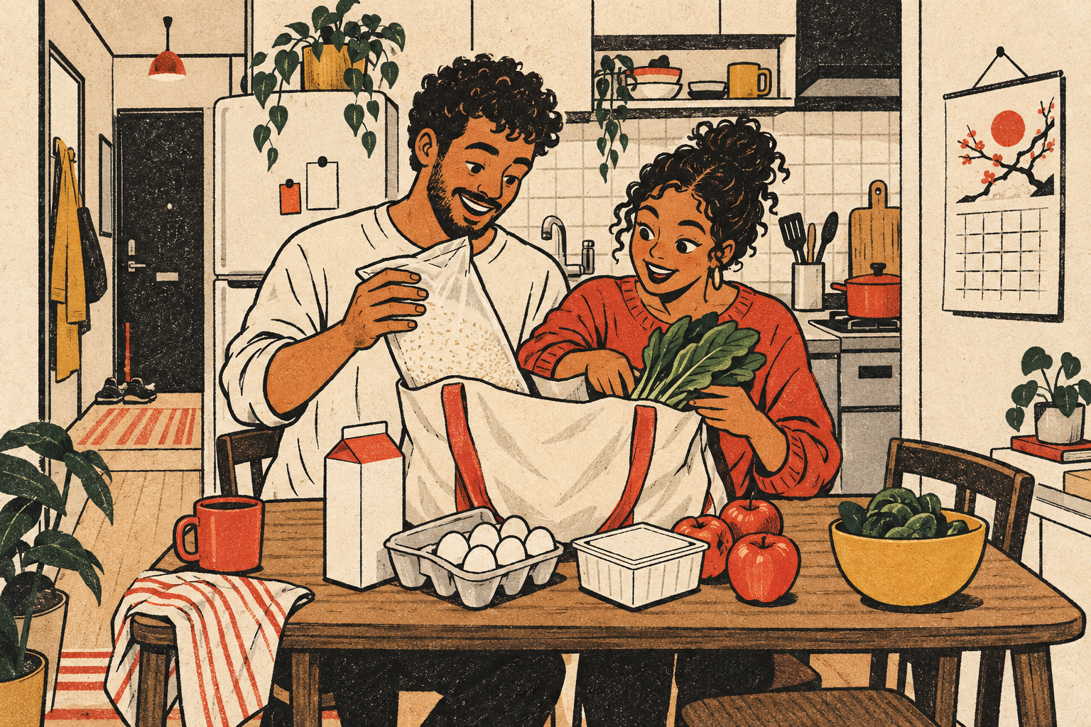A couple arranging rice, milk, eggs, tofu, vegetables, and fruit in a Japanese kitchen